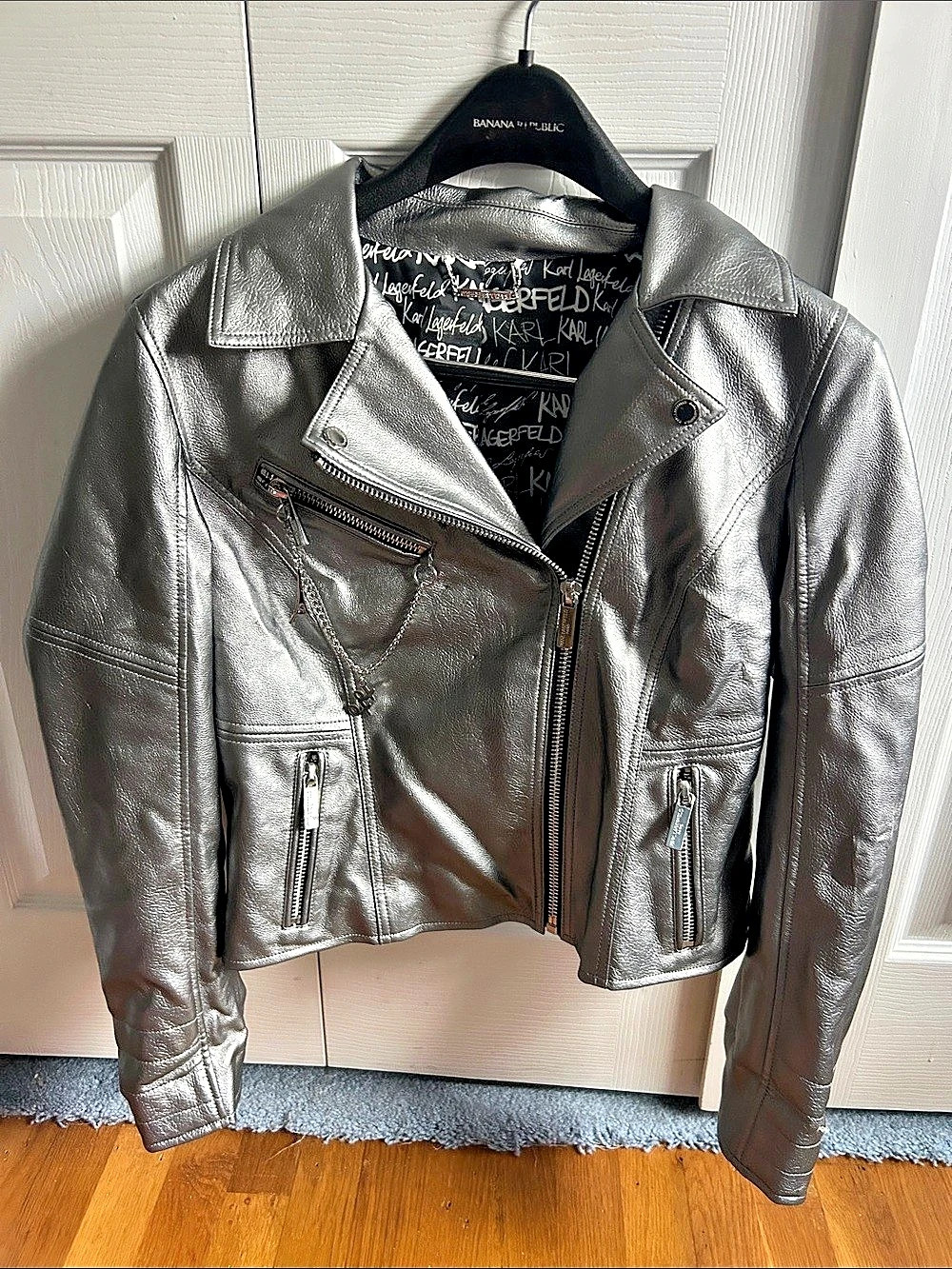 Karl Lagerfeld Paris pleather moto jacket Silver Leather Moto Jacket